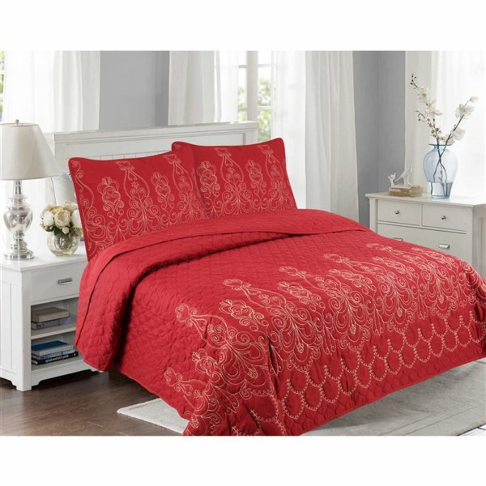 NWT Marina Decoration Red Floral King Quilt Set - 3-Piece